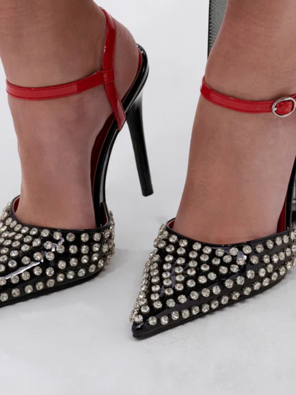 Crystal-Studded Pointed Toe Stiletto Heels with Red Ankle Strap